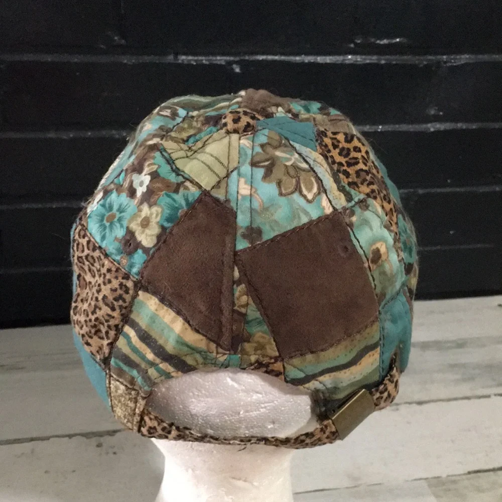 Patchwork teal brown cream adjustable back floral animal print ballcap